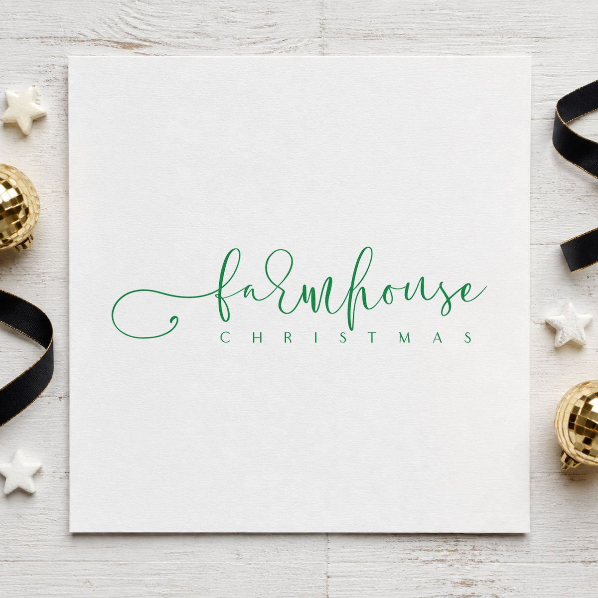 Farmhouse Christmas Fine Script craft stamp imprint in purple ink on a handmade project, one idea being open house cards.