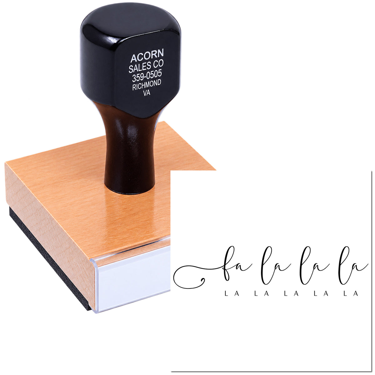 Custom rubber stamp with fa la la la la script, ideal for holiday cards, gift wrap, and festive packaging.