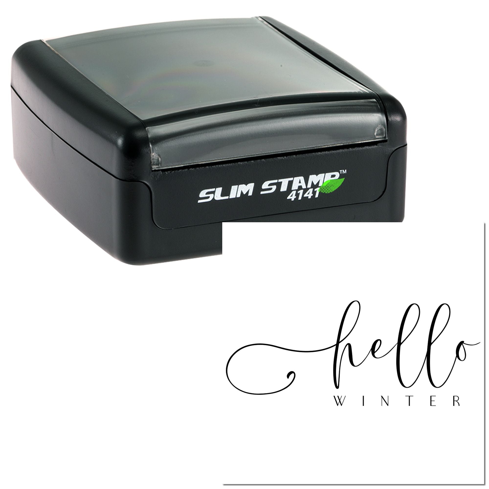 Slim Stamp self-inking rubber stamp with custom hello winter design for seasonal greeting cards and holiday crafts.