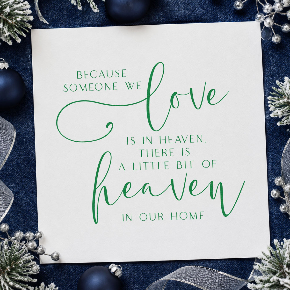 Love In Heaven Home Quote craft stamp imprinted in green ink on paper, a design suited to framed mantel piece.