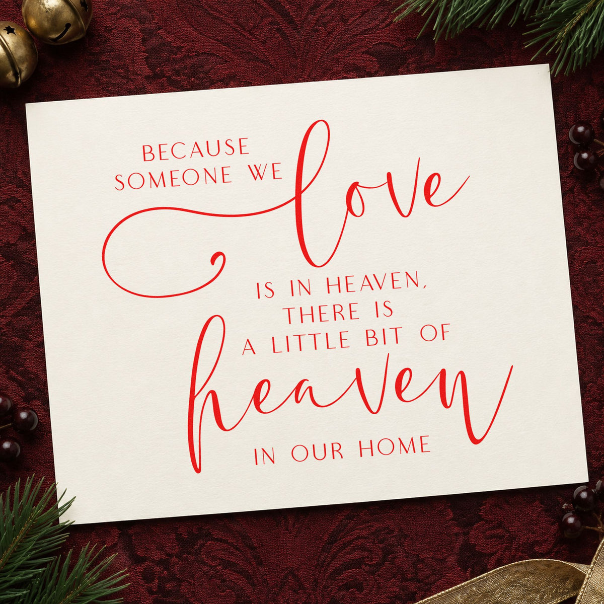 Love In Heaven Home Quote rubber stamp shown in red ink, stamped for projects such as ornament box labels.