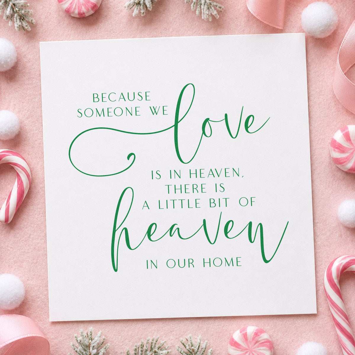 Love In Heaven Home Quote craft stamp imprint in green ink on a handmade project, one idea being service program cards.