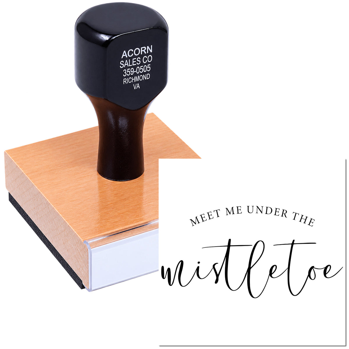 Custom rubber stamp imprint reading Meet Me Under the Mistletoe for holiday cards, invitations, and packaging.