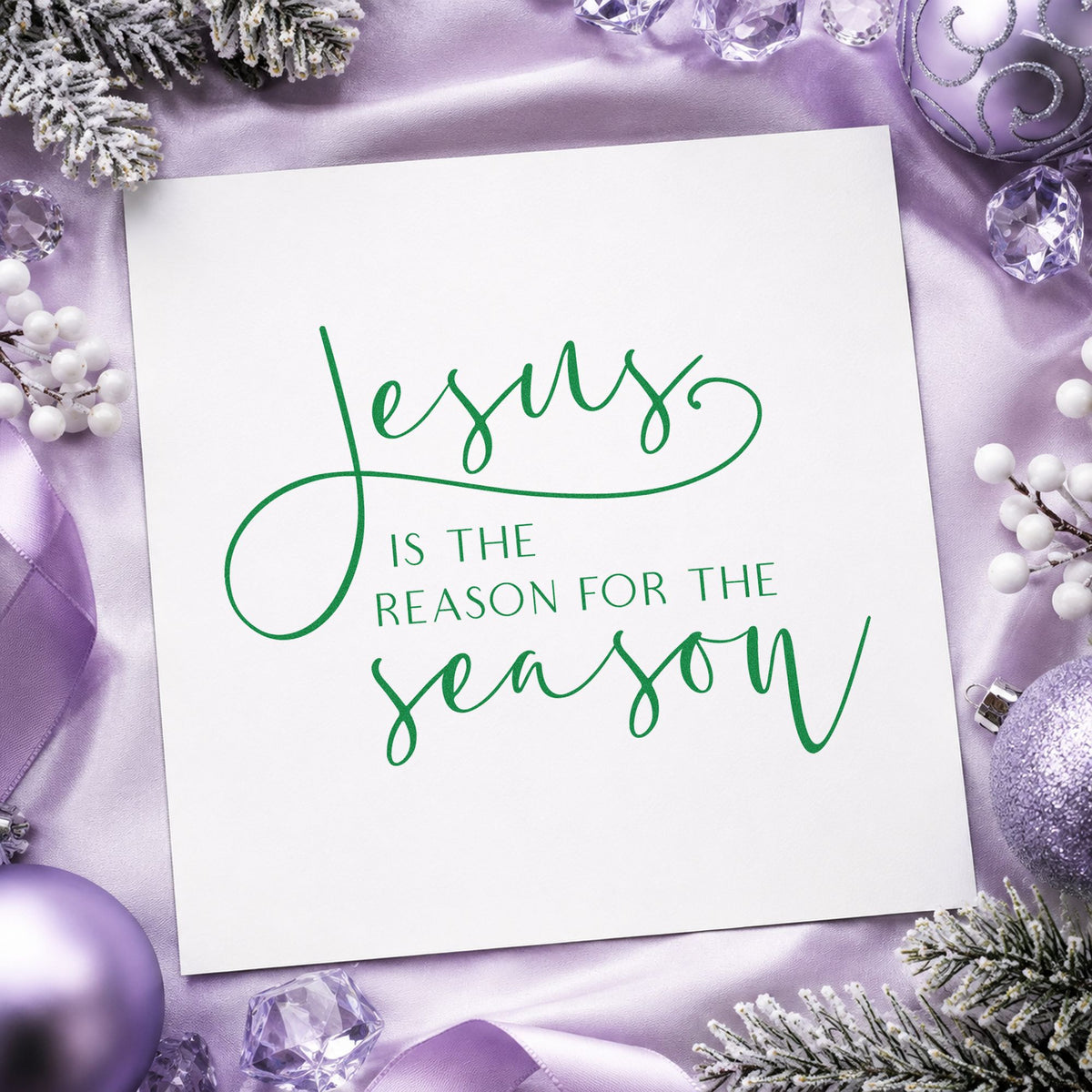 Jesus Reason For The Season craft stamp in green ink on cardstock, an easy option for testimony album page.