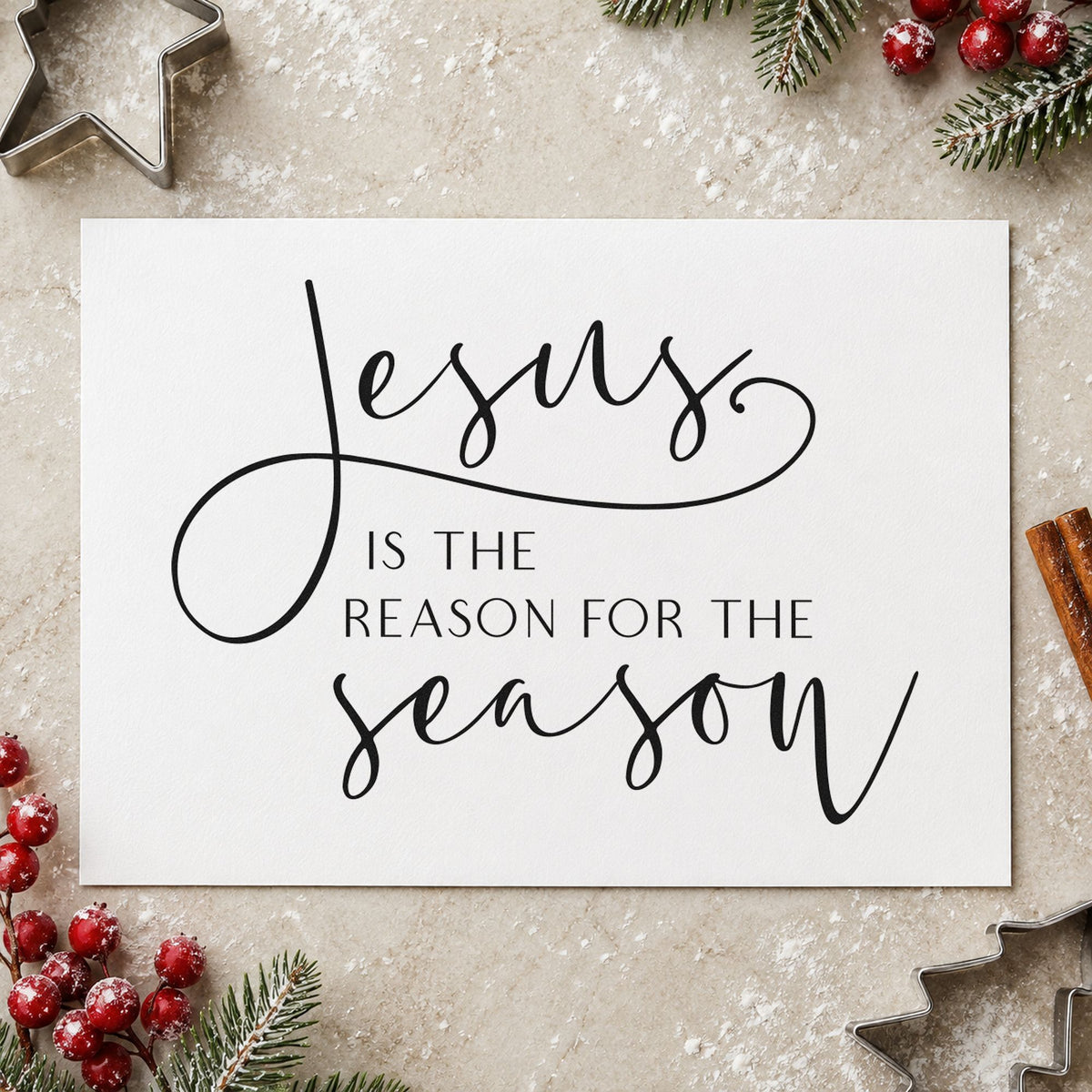 Jesus Reason For The Season craft stamp imprint in black ink on a handmade project, one idea being tract bundle tags.