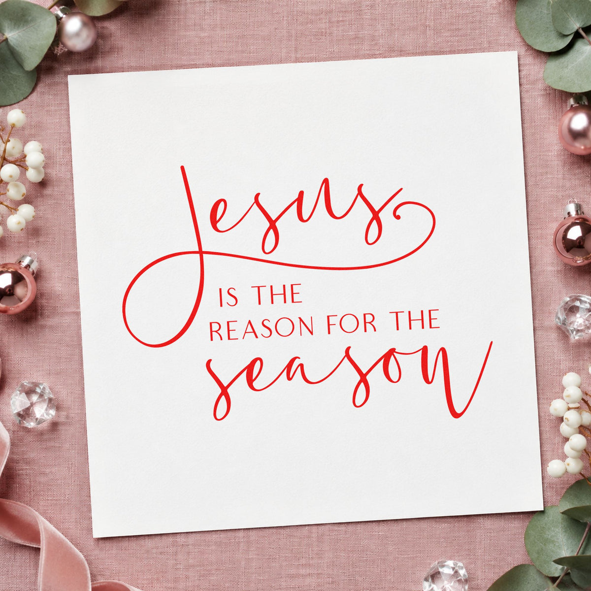 Jesus Reason For The Season craft stamp in red ink on cardstock, an easy option for ball cap printing.