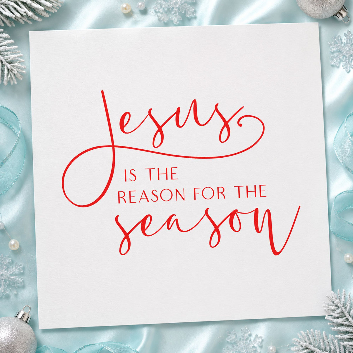 Jesus Reason For The Season rubber stamp shown in red ink, stamped for projects such as outreach box labels.