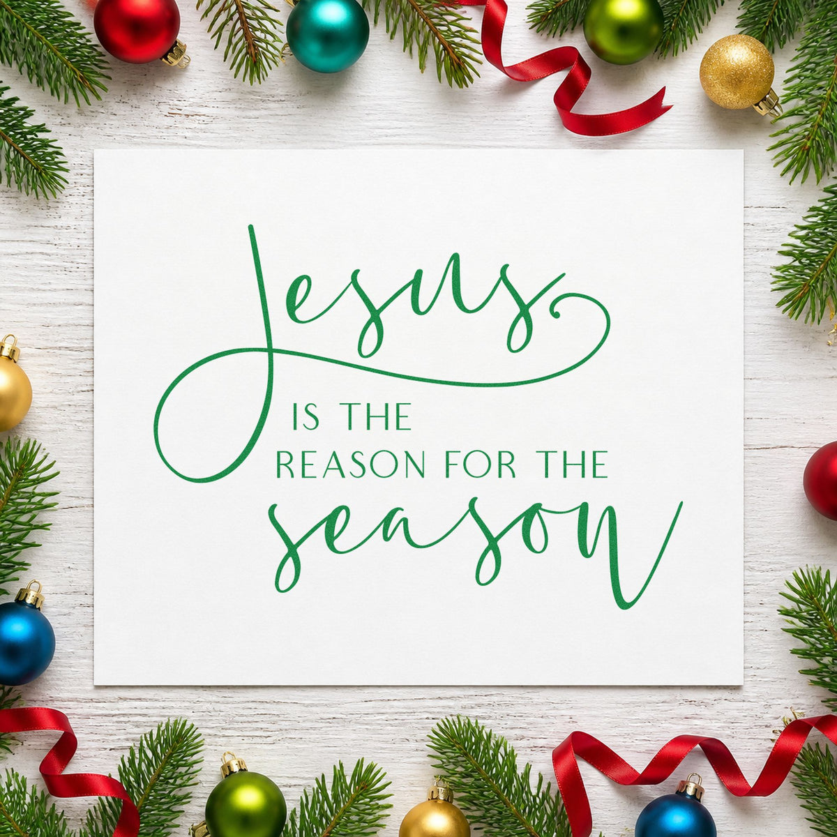 Jesus Reason For The Season craft stamp imprint in green ink on a handmade project, one idea being witness slip cards.