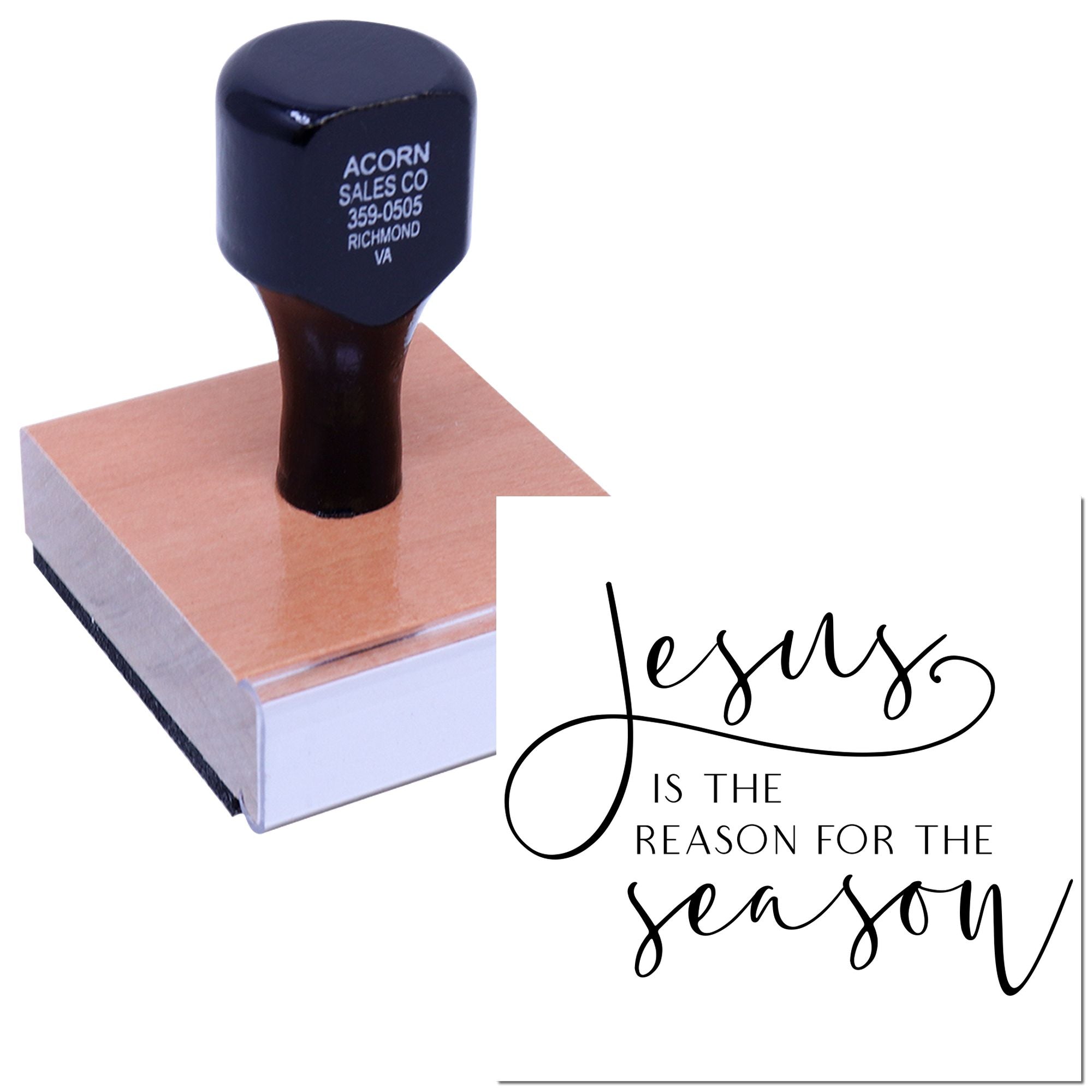 Custom Christian rubber stamp reading Jesus is the reason for the season for holiday cards, gifts, and crafts.