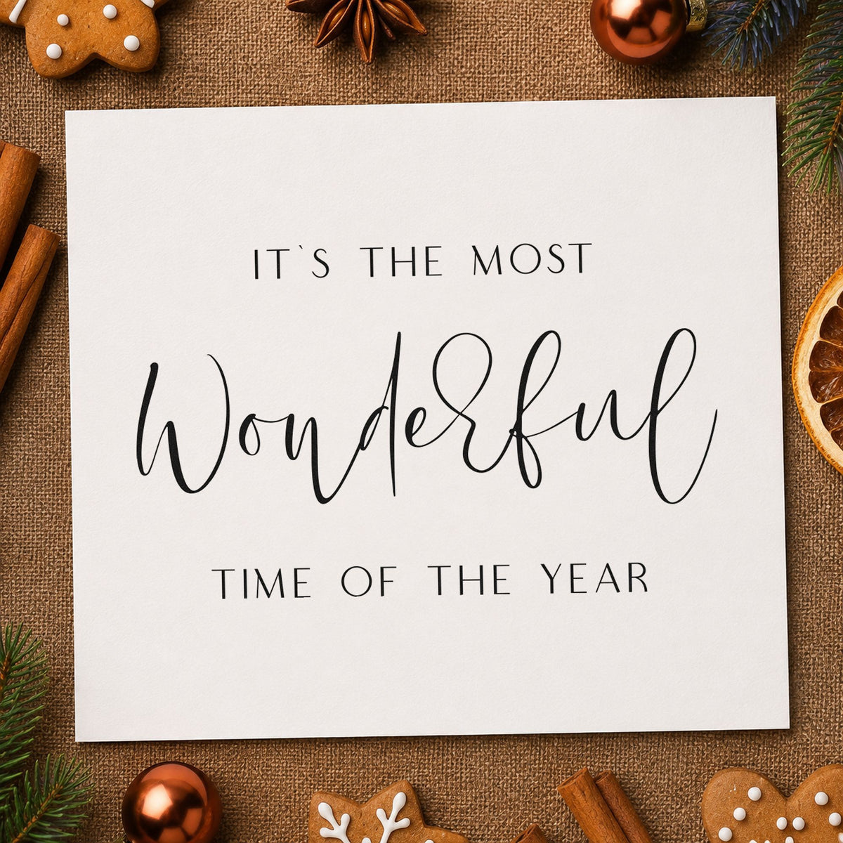 Most Wonderful Time Fine Script craft stamp imprint in black ink on a handmade project, one idea being center mark gift tags.