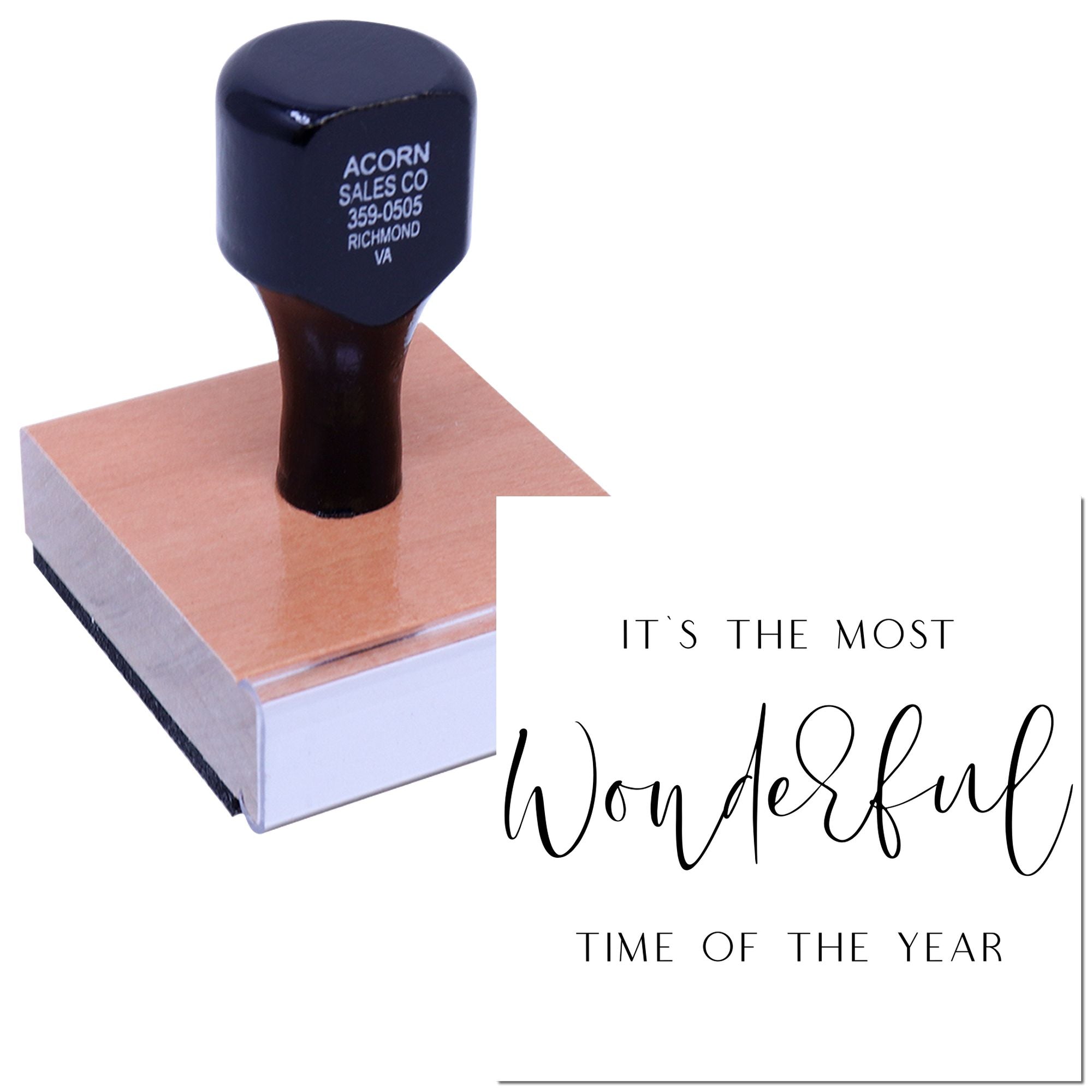 Custom rubber stamp on wood base for holiday greeting cards featuring Its the most wonderful time of the year.