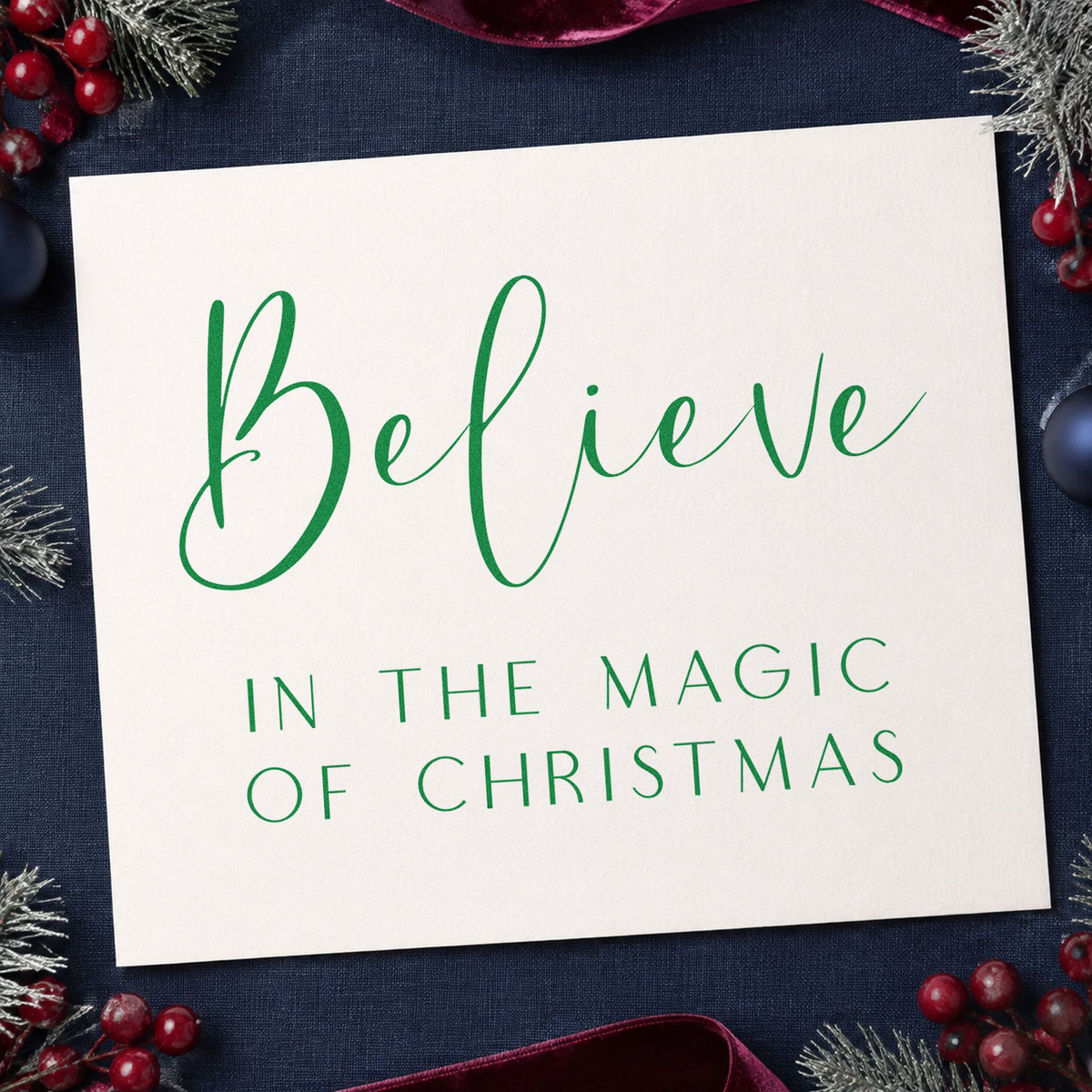 Believe In Magic Of Christmas craft stamp in green ink on cardstock, an easy option for story album page.
