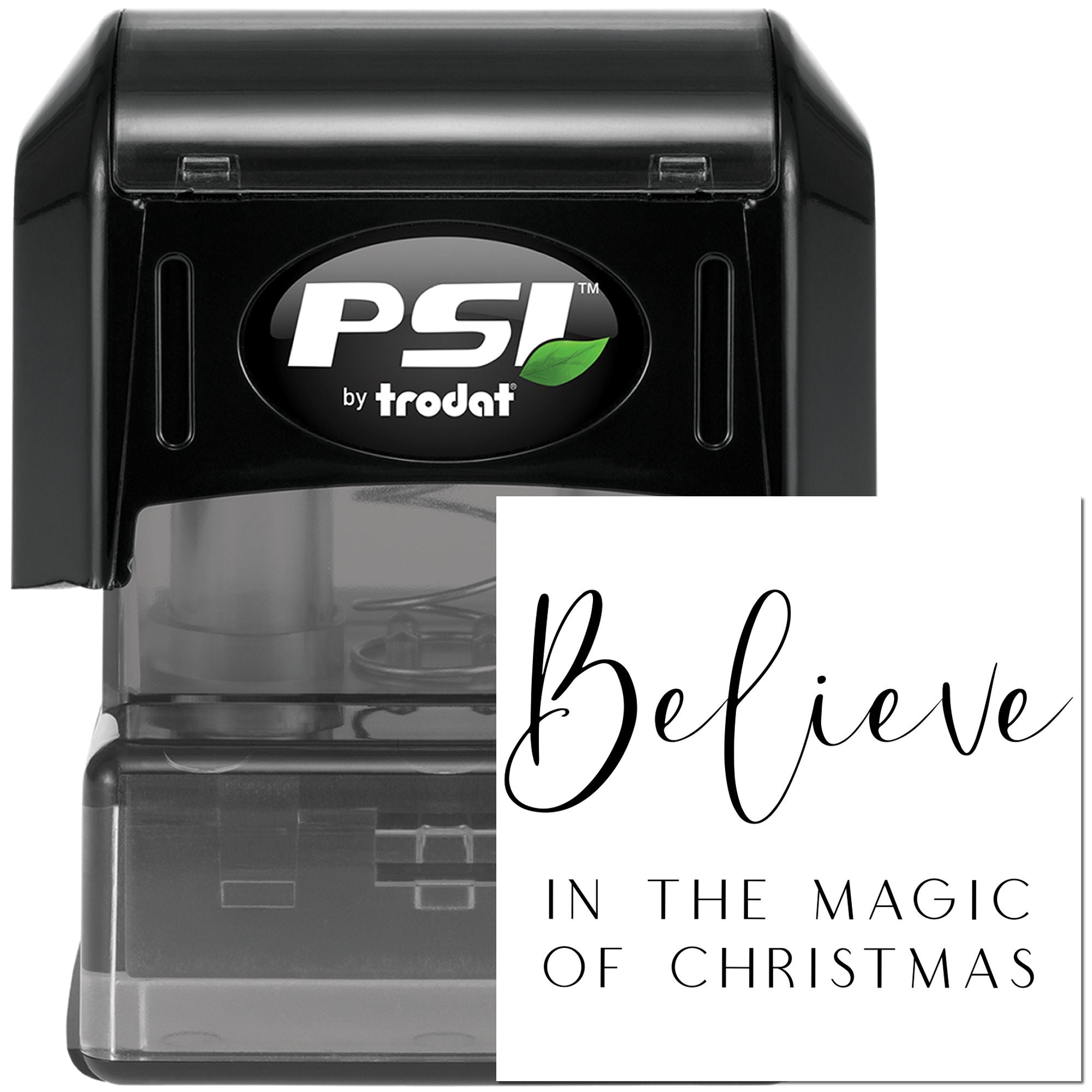 PSI by Trodat self-inking rubber stamp with Believe in the Magic of Christmas holiday imprint sample