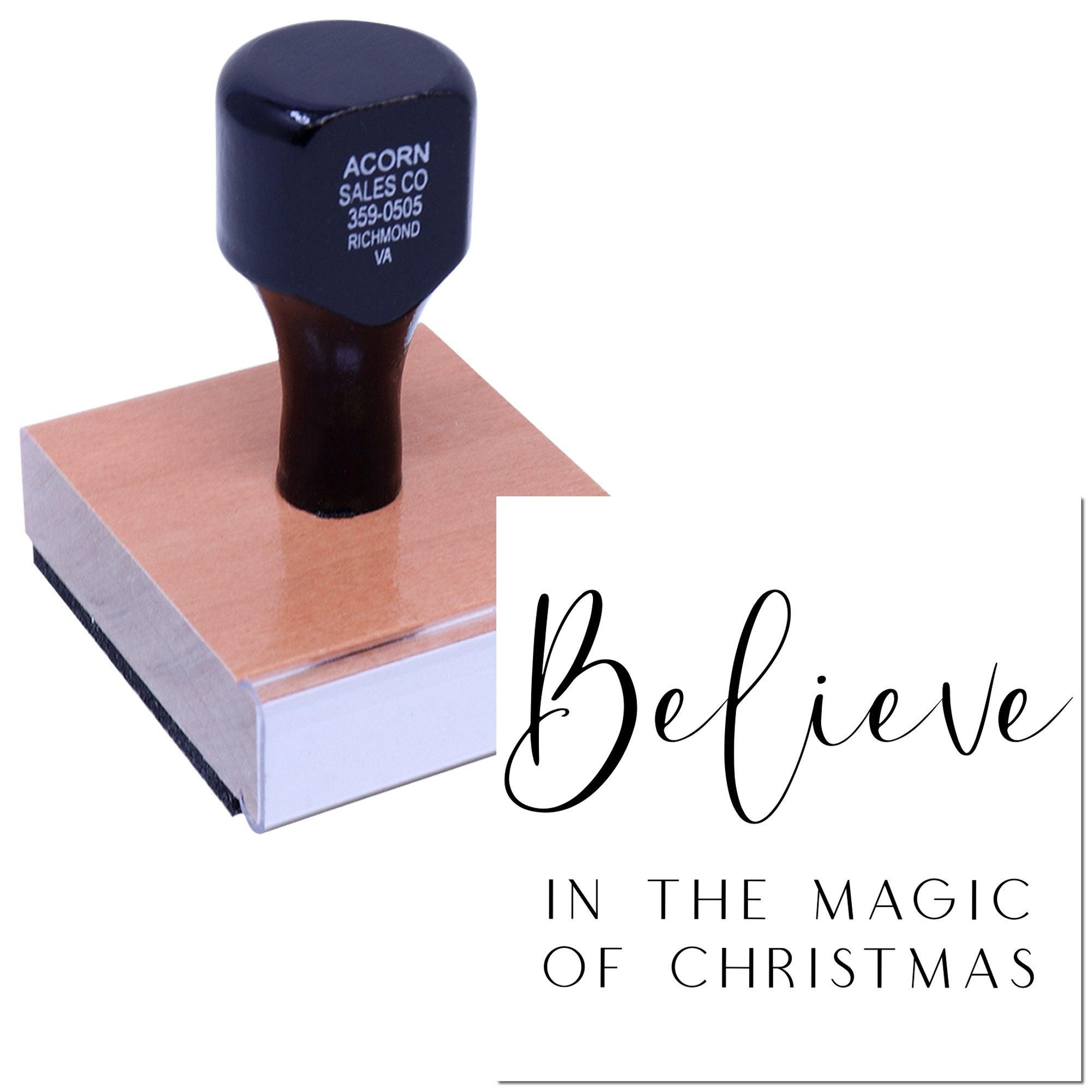 Custom wooden rubber stamp with Believe in the Magic of Christmas holiday message for festive card making.