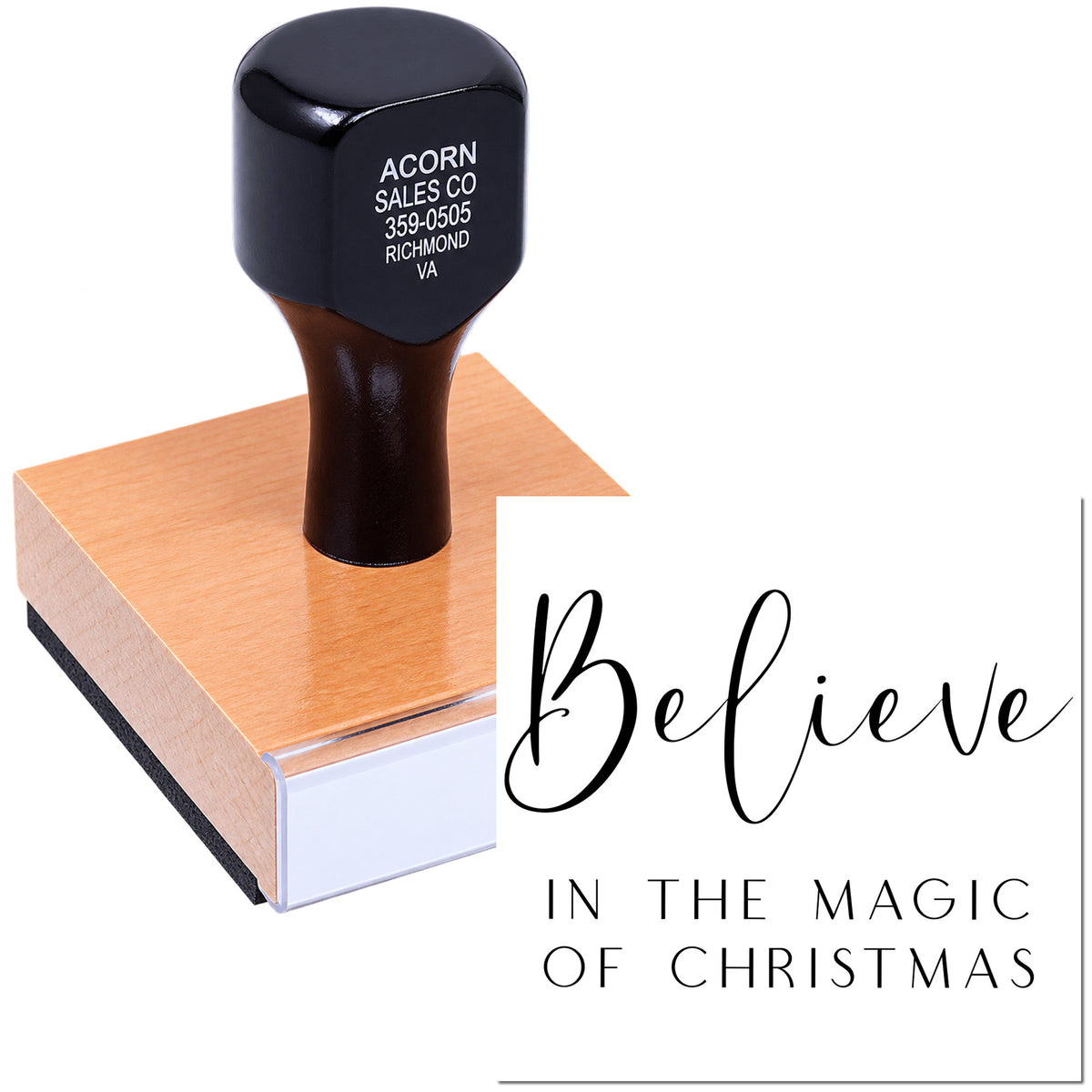 Custom wooden rubber stamp with Believe in the Magic of Christmas holiday message for festive card making.