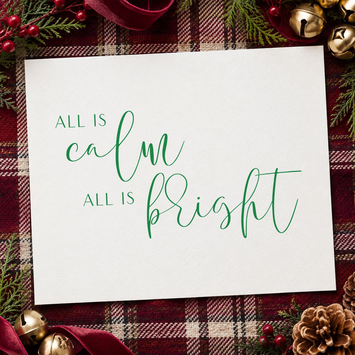 All Calm All Bright Lettering craft stamp in green ink on cardstock, an easy option for rhythm album page.