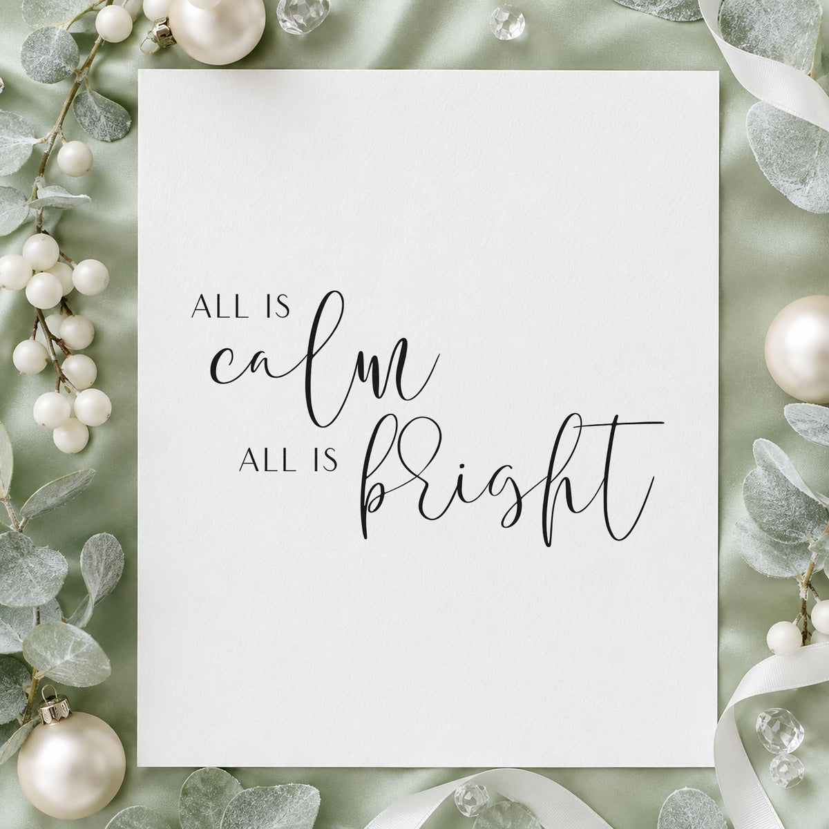 All Calm All Bright Lettering craft stamp imprint in black ink on a handmade project, one idea being paired word tags.