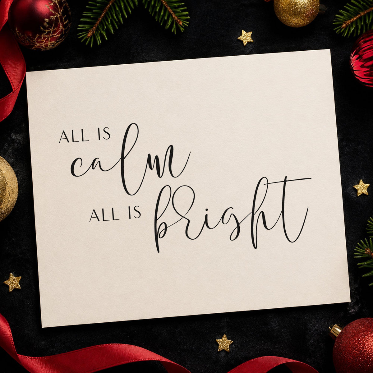 All Calm All Bright Lettering rubber stamp printed in black ink, ready for two style sheet and similar paper crafts.