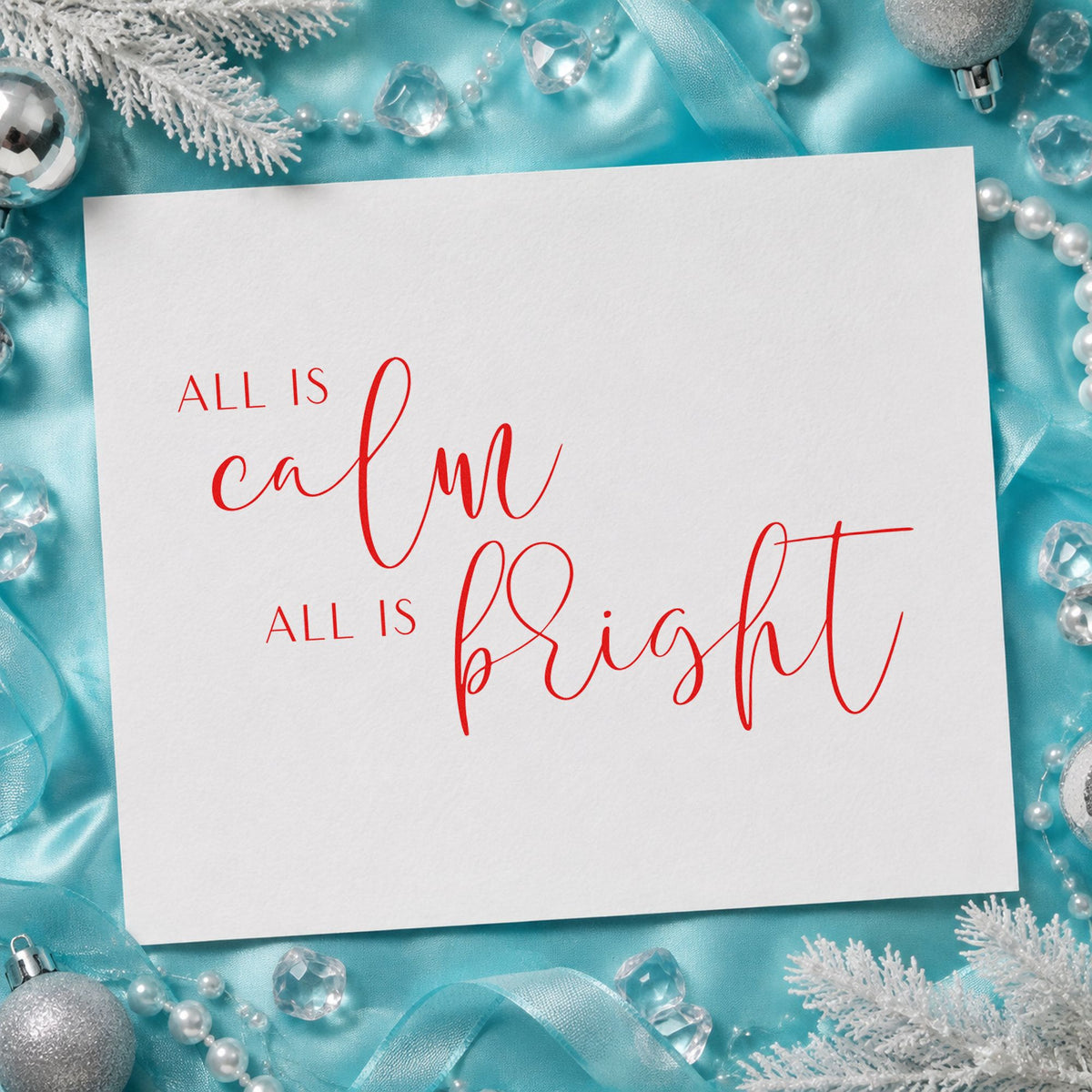 All Calm All Bright Lettering craft stamp in red ink on cardstock, an easy option for stripe cloth printing.
