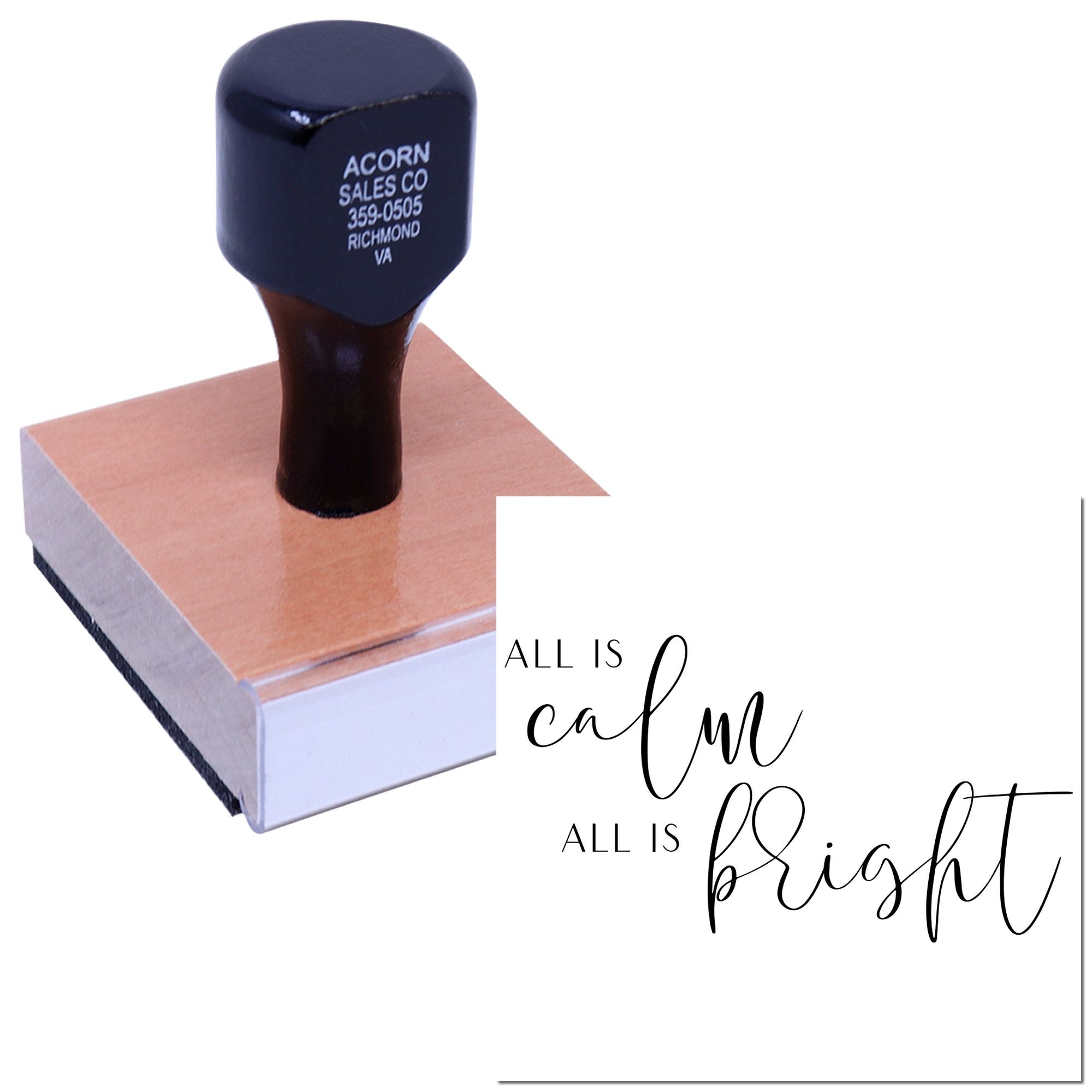 Custom rubber stamp with All Is Calm, All Is Bright design for holiday cards, crafts, and seasonal packaging.