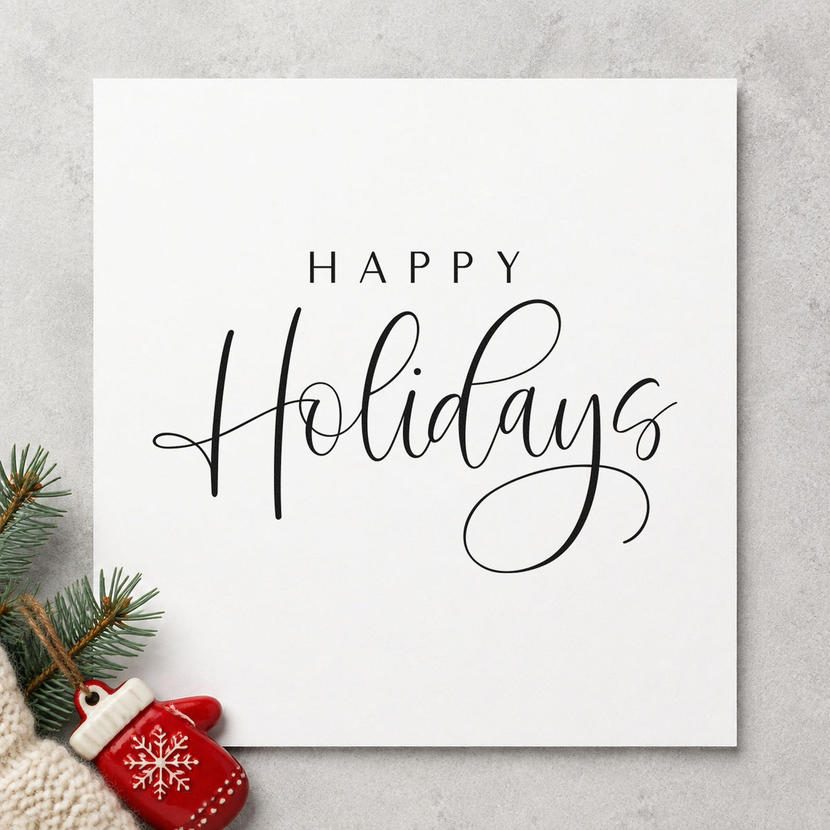 Happy Holidays Looped Script rubber stamp printed in black ink, ready for closing note sheet and similar paper crafts.