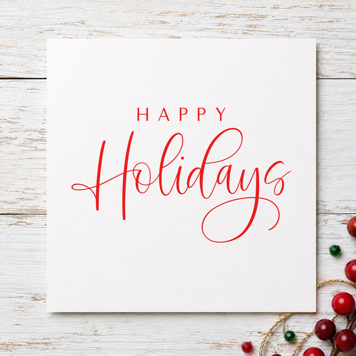 Happy Holidays Looped Script rubber stamp shown in red ink, stamped for projects such as bottle neck labels.