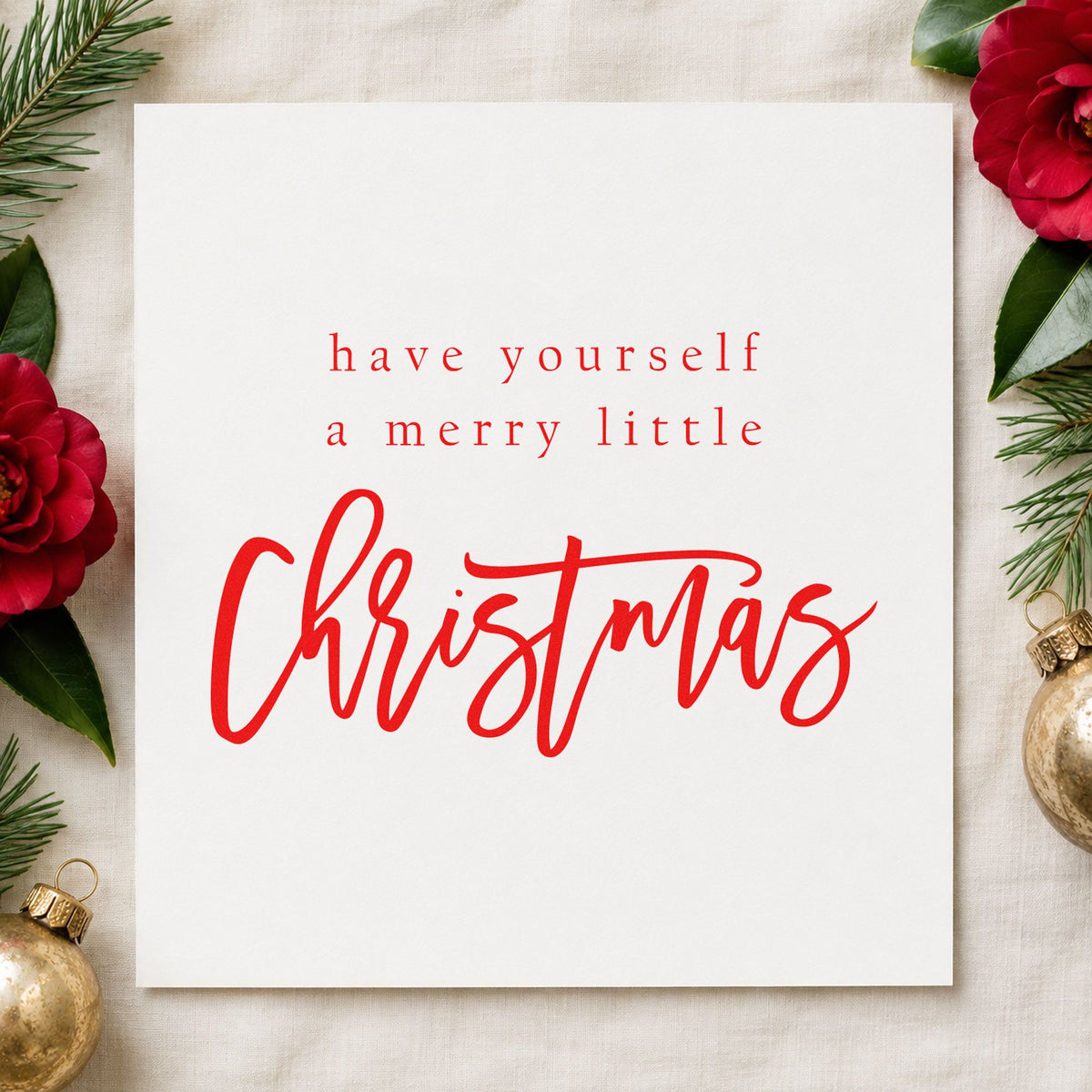 Have Yourself Merry Little Christmas craft stamp in red ink on cardstock, an easy option for apron pocket printing.