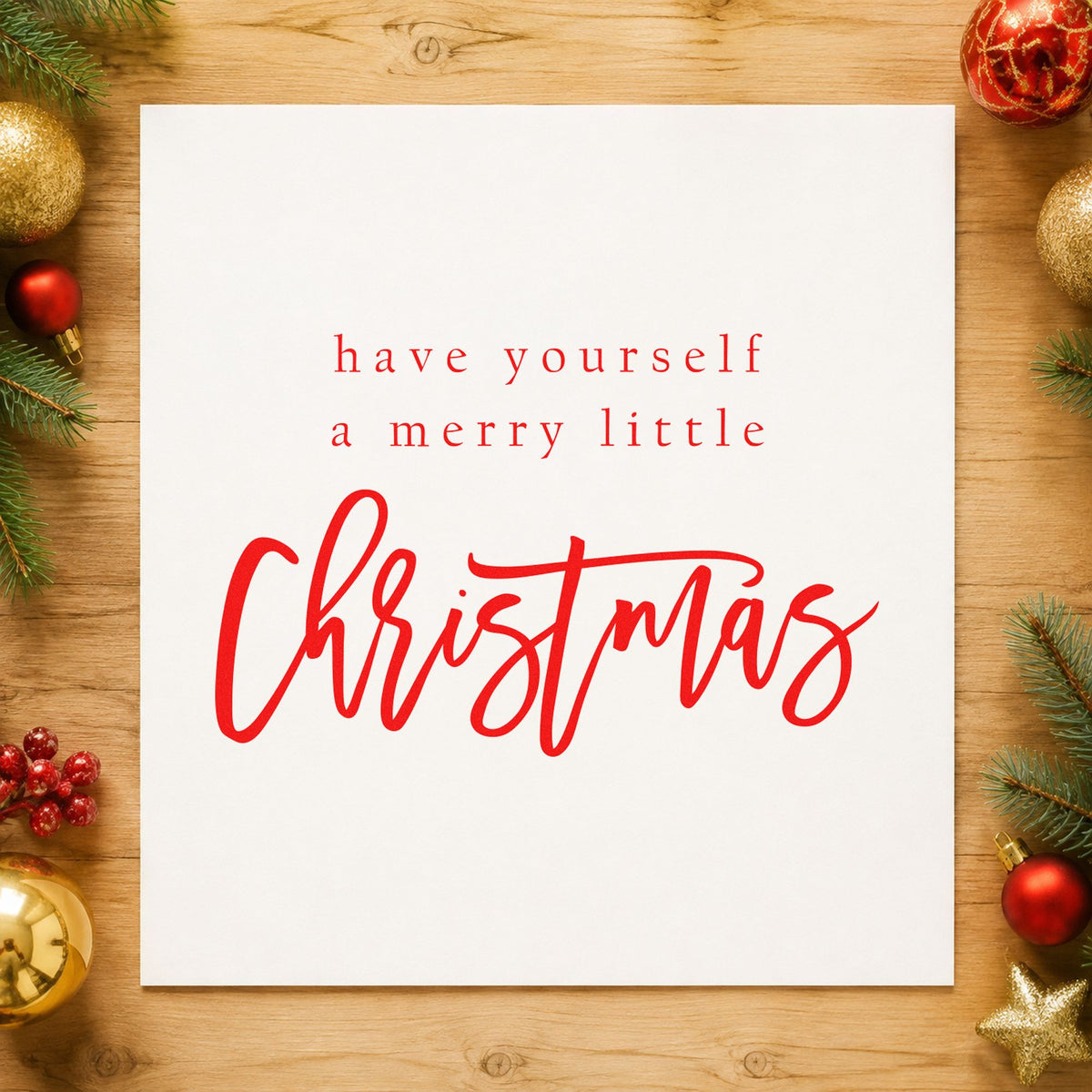 Have Yourself Merry Little Christmas rubber stamp shown in red ink, stamped for projects such as tool jar labels.