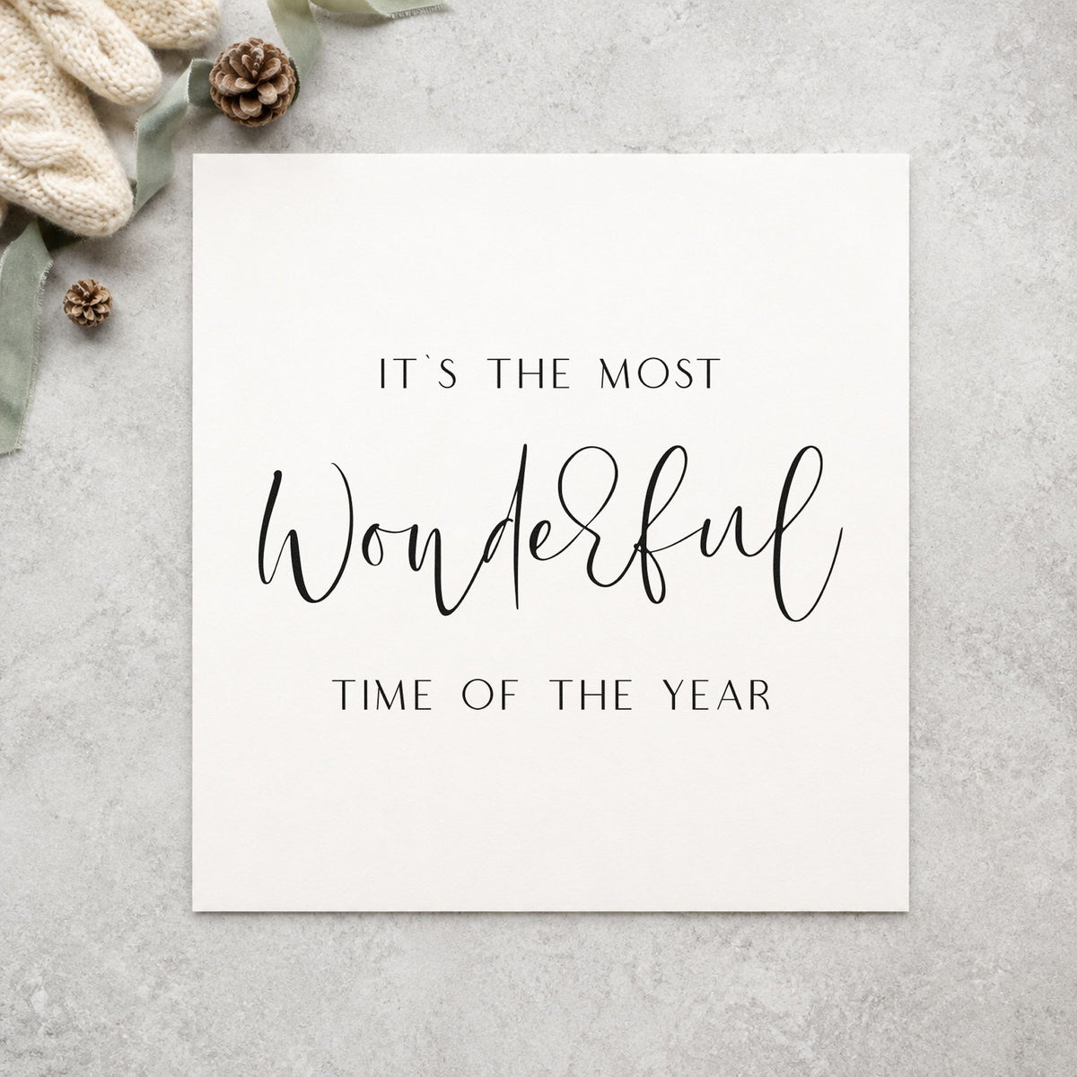 Wonderful Time Of Year Script craft stamp imprint in black ink on a handmade project, one idea being middle word tags.