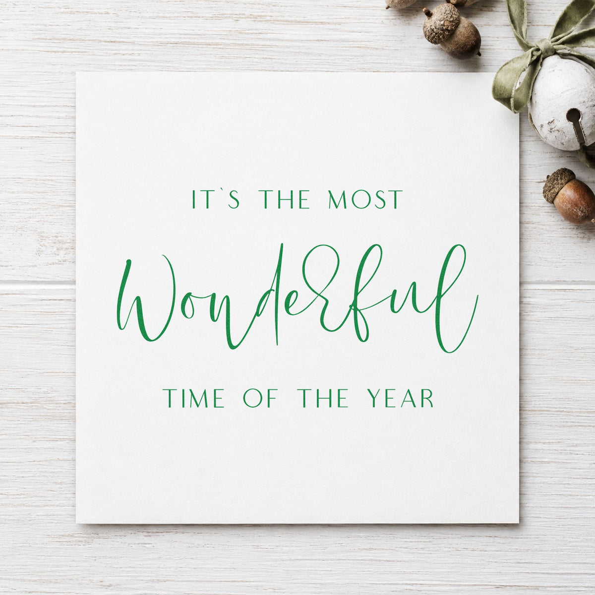 Wonderful Time Of Year Script craft stamp imprinted in green ink on paper, a design suited to framed stacked trio.