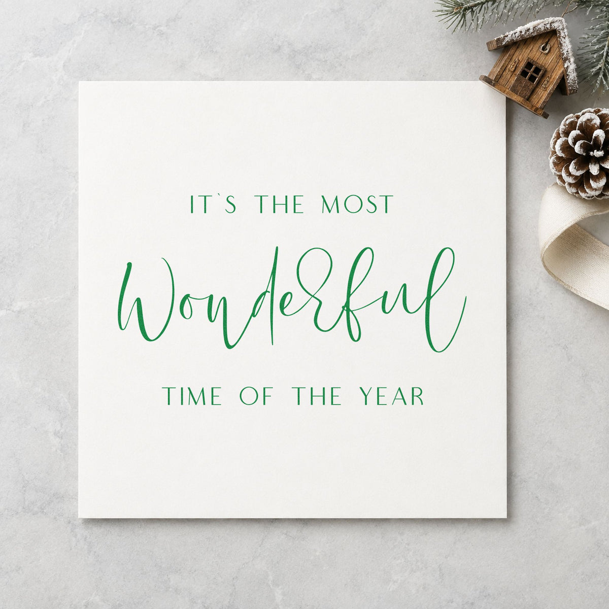 Wonderful Time Of Year Script craft stamp imprint in green ink on a handmade project, one idea being program focus cards.