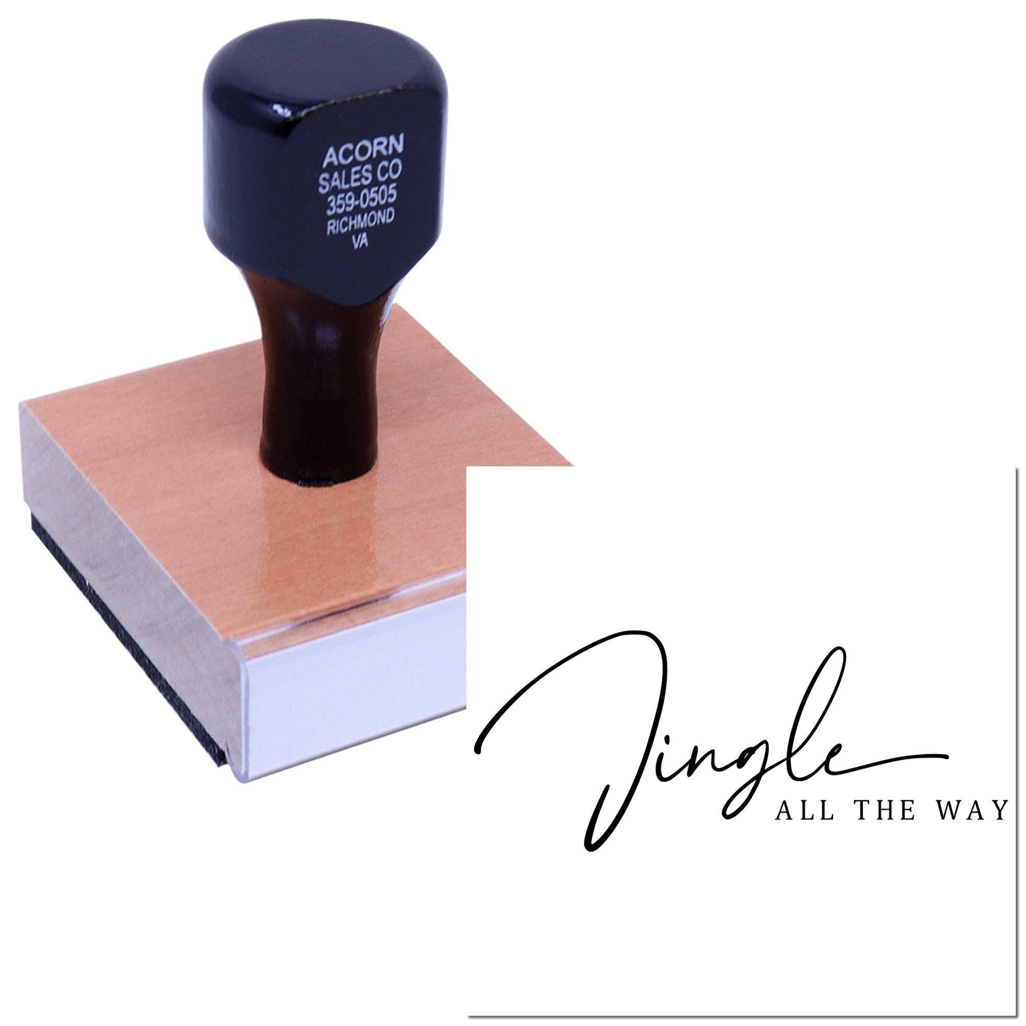 Custom rubber stamp with Jingle All the Way holiday design, shown with handle and stamped impression for festive card making.