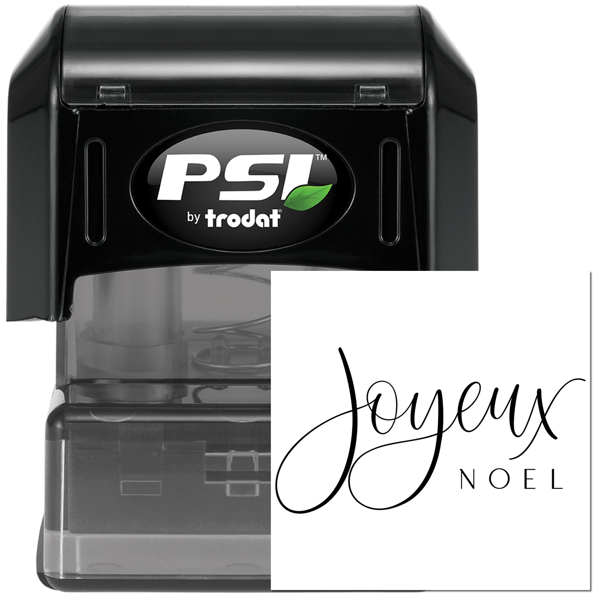 Custom self-inking rubber stamp by PSI Trodat with Joyeux Noel holiday greeting in elegant script.