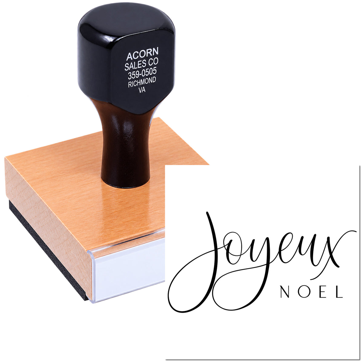 Custom rubber stamp with Joyeux Noel logo for holiday cards, stationery, and festive packaging.