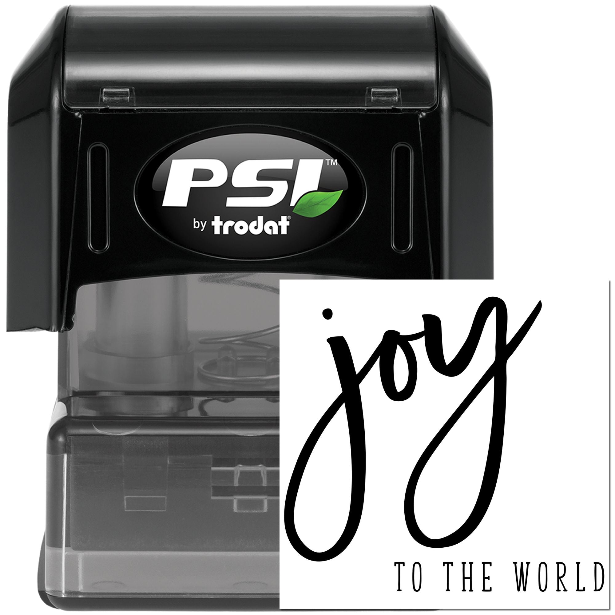 PSI by Trodat self-inking rubber stamp with Joy to the World holiday design.