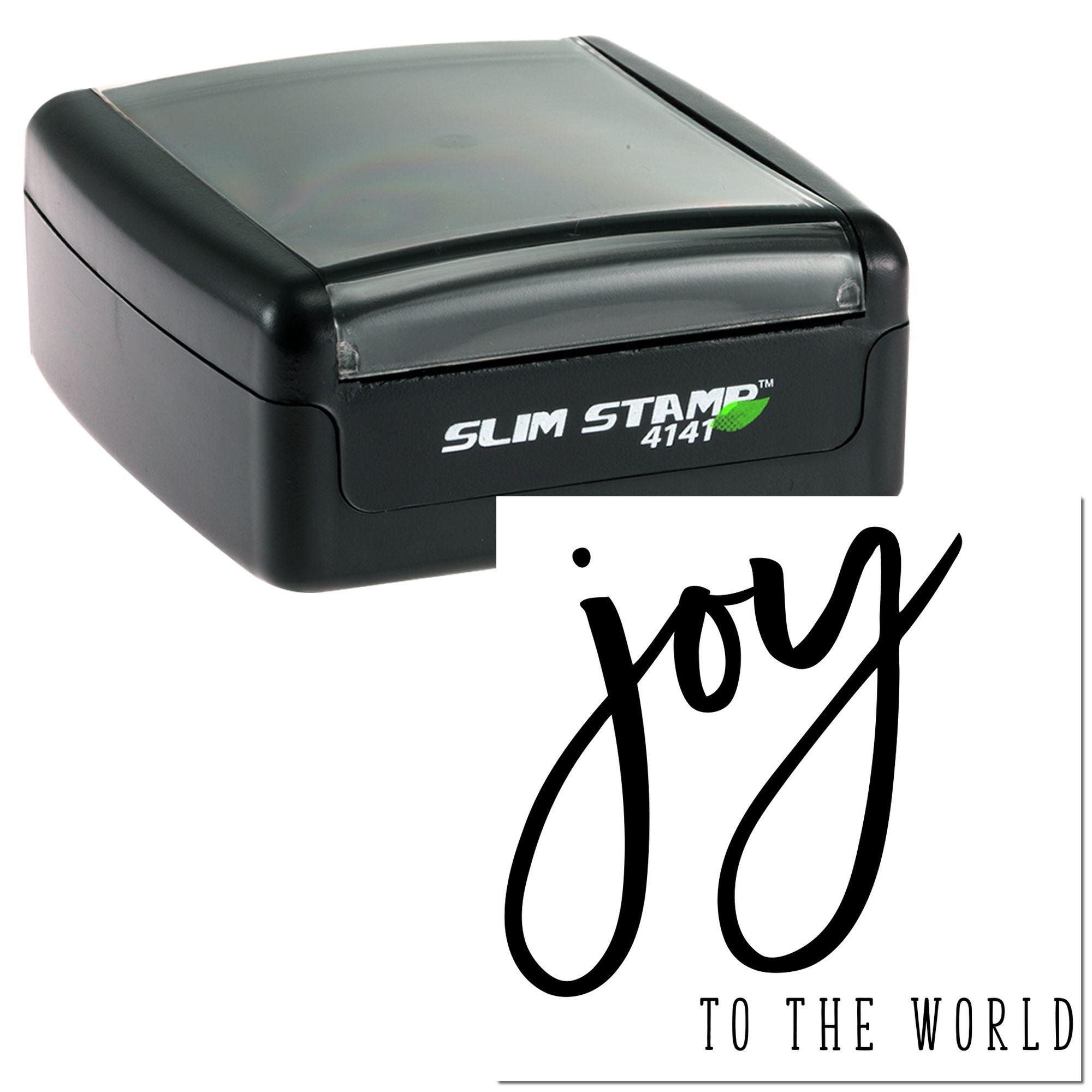 Slim Stamp 4141 self-inking rubber stamp with Joy to the World holiday message for fast custom card and gift marking.