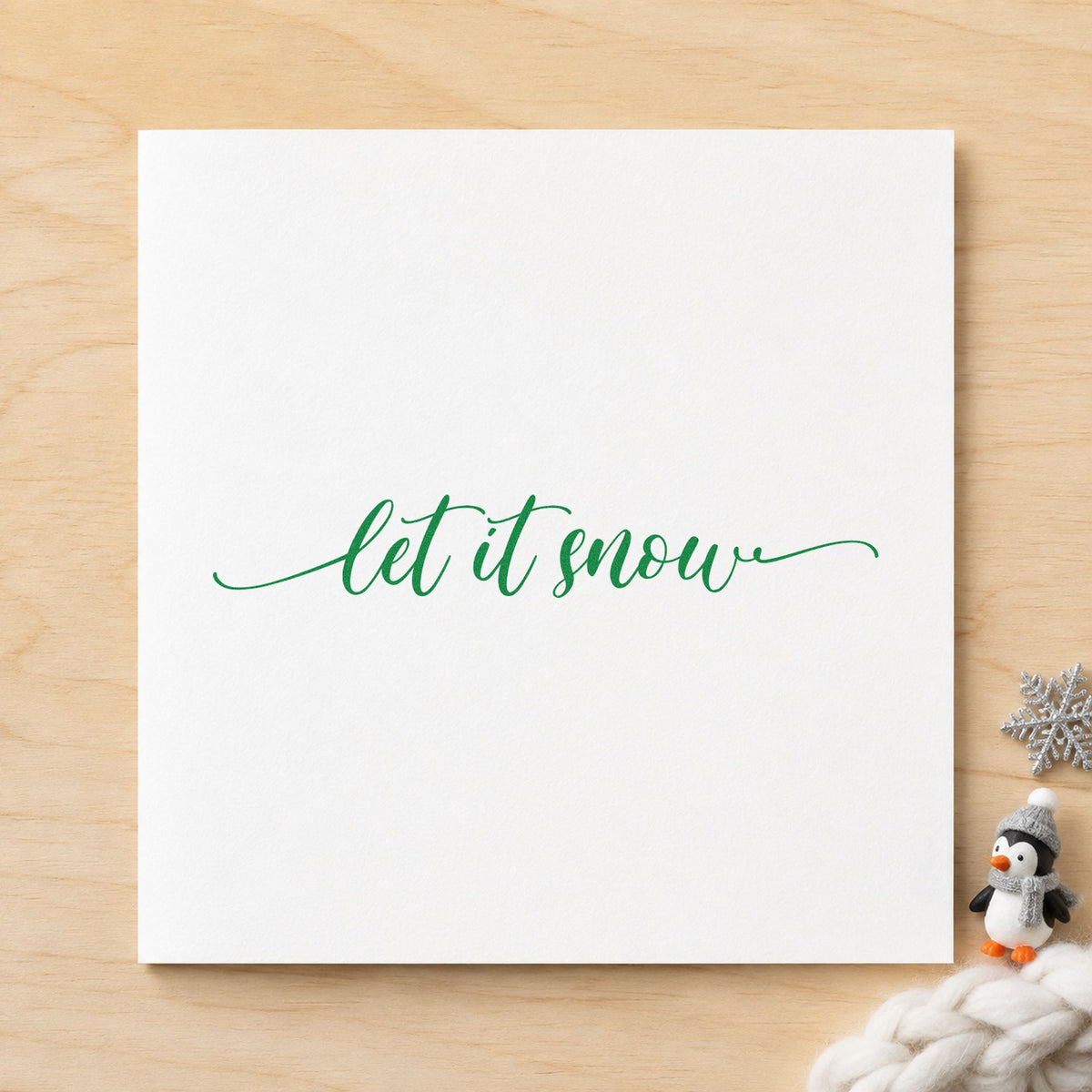 Let It Snow Flourished Line craft stamp imprint in purple ink on a handmade project, one idea being formal table menus.