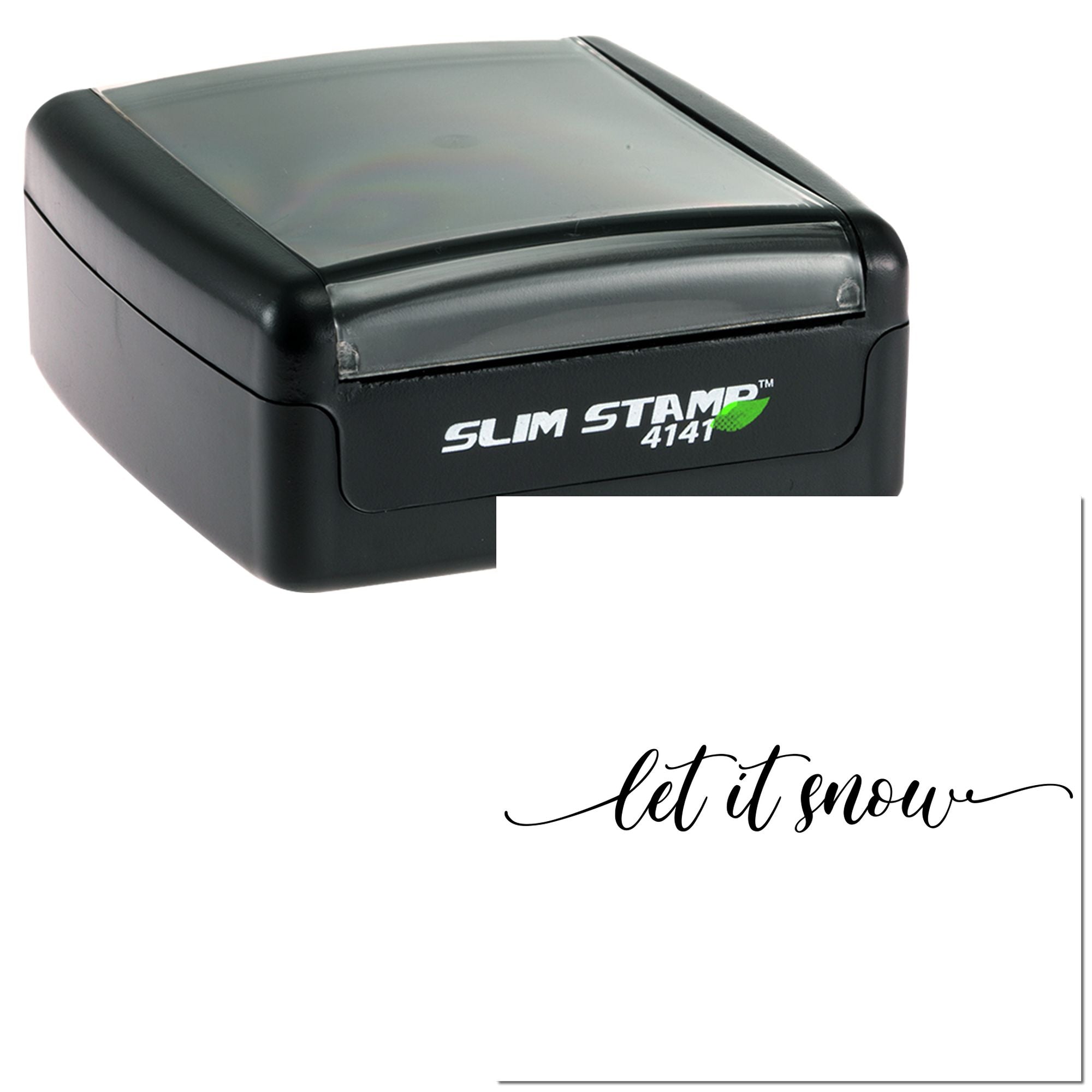 Slim Stamp 4141 self-inking rubber stamp with custom let it snow script imprint for holiday cards and crafts.