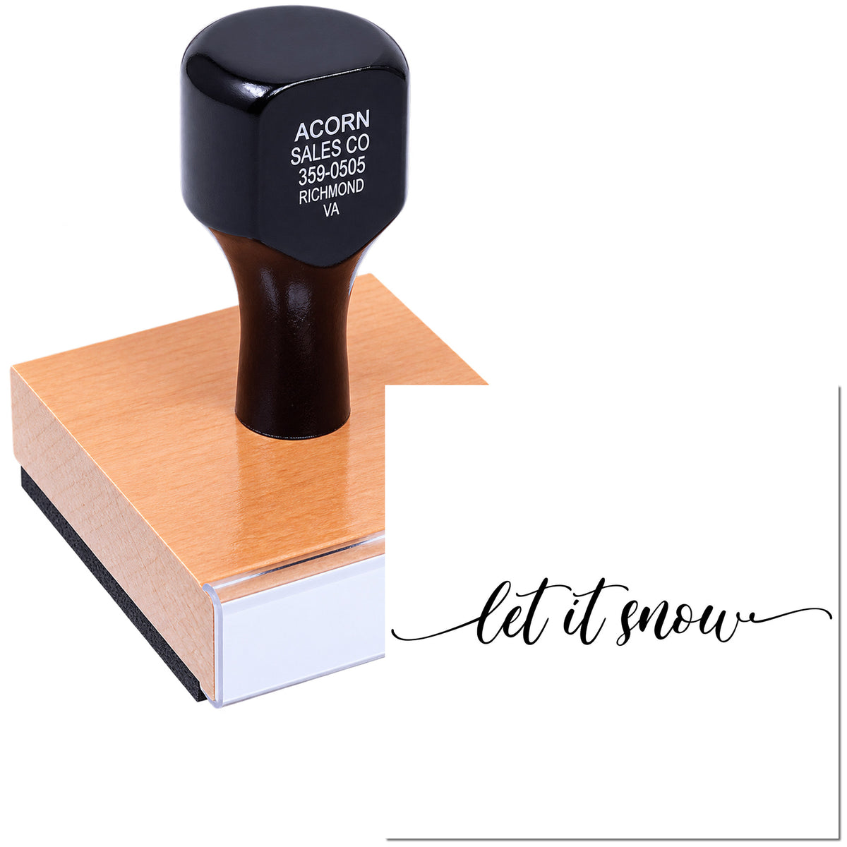 Custom rubber stamp with let it snow script, shown on a mounted stamp block for holiday crafts and paper stamping.