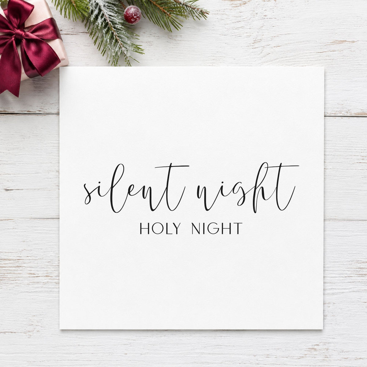 Silent Night Holy Night Script craft stamp imprint in black ink on a handmade project, one idea being taper bundle tags.