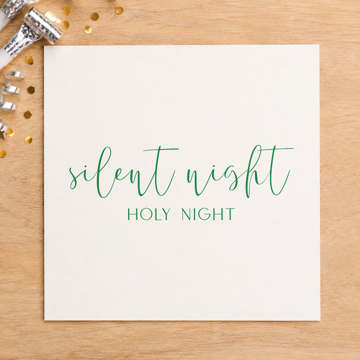 Silent Night Holy Night Script craft stamp imprinted in purple ink on paper, a design suited to framed alcove ledge.