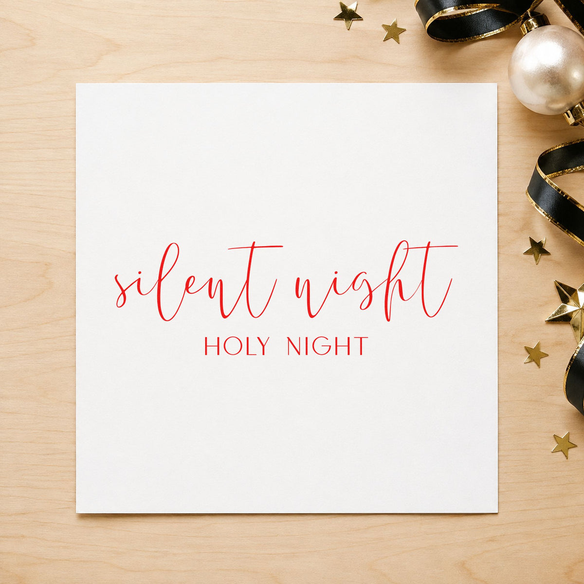 Silent Night Holy Night Script rubber stamp shown in red ink, stamped for projects such as wax tin labels.