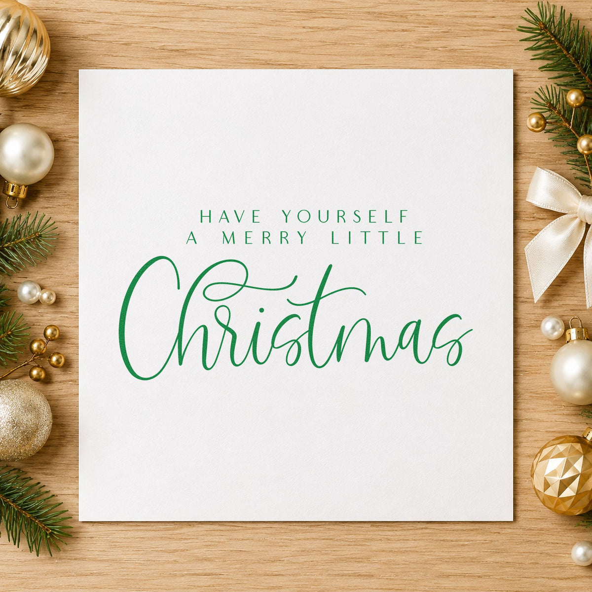 Merry Little Christmas Calligraphy craft stamp in green ink on cardstock, an easy option for nostalgia album page.