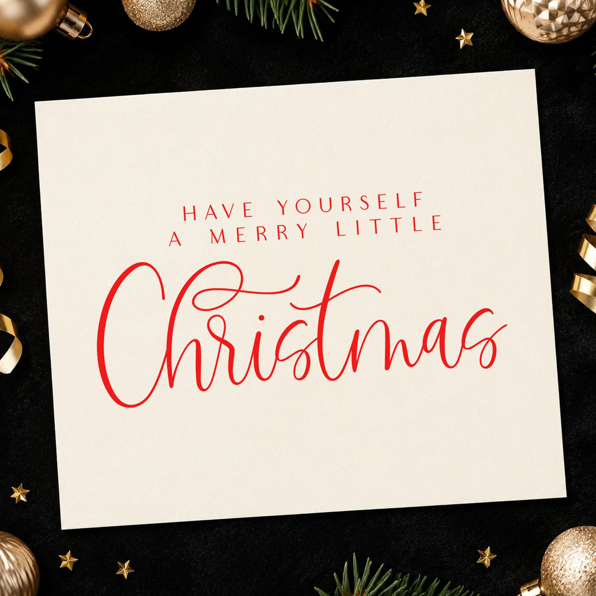 Merry Little Christmas Calligraphy rubber stamp shown in red ink, stamped for projects such as record case labels.