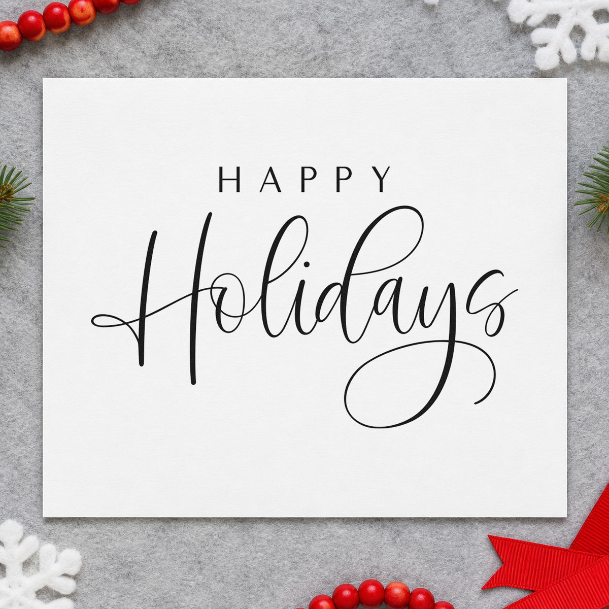 Happy Holidays Thin Calligraphy Block Lettering Hand Stamp – Duo in use 4