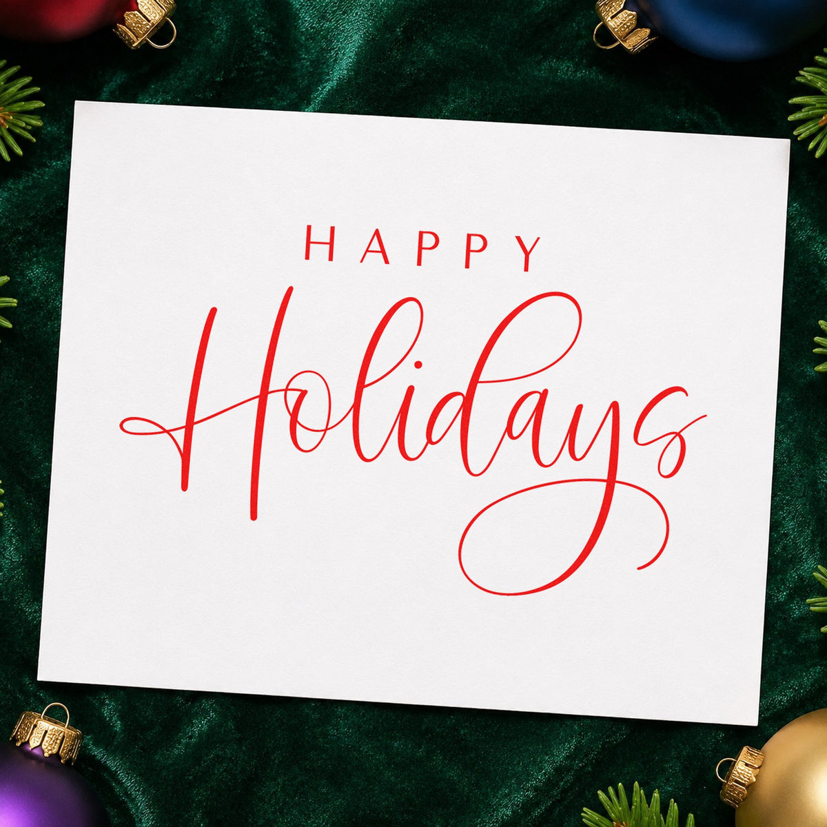 Happy Holidays Thin Calligraphy craft stamp in red ink on cardstock, an easy option for liner cloth printing.