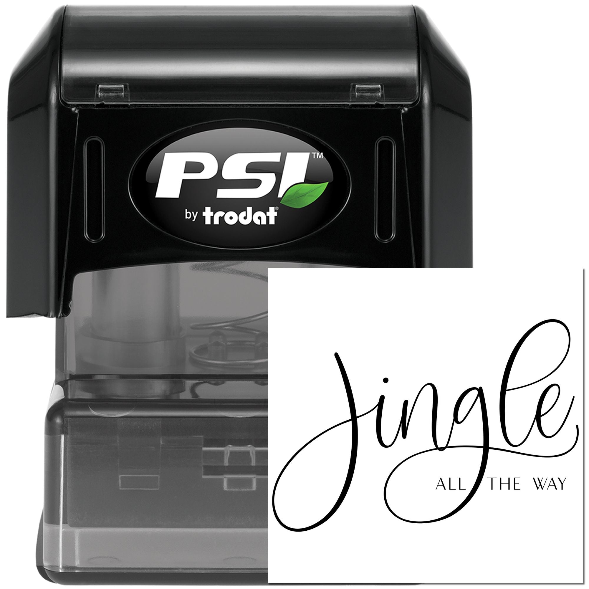 PSI by Trodat self-inking rubber stamp with custom Jingle All the Way holiday design for Christmas cards and packaging.