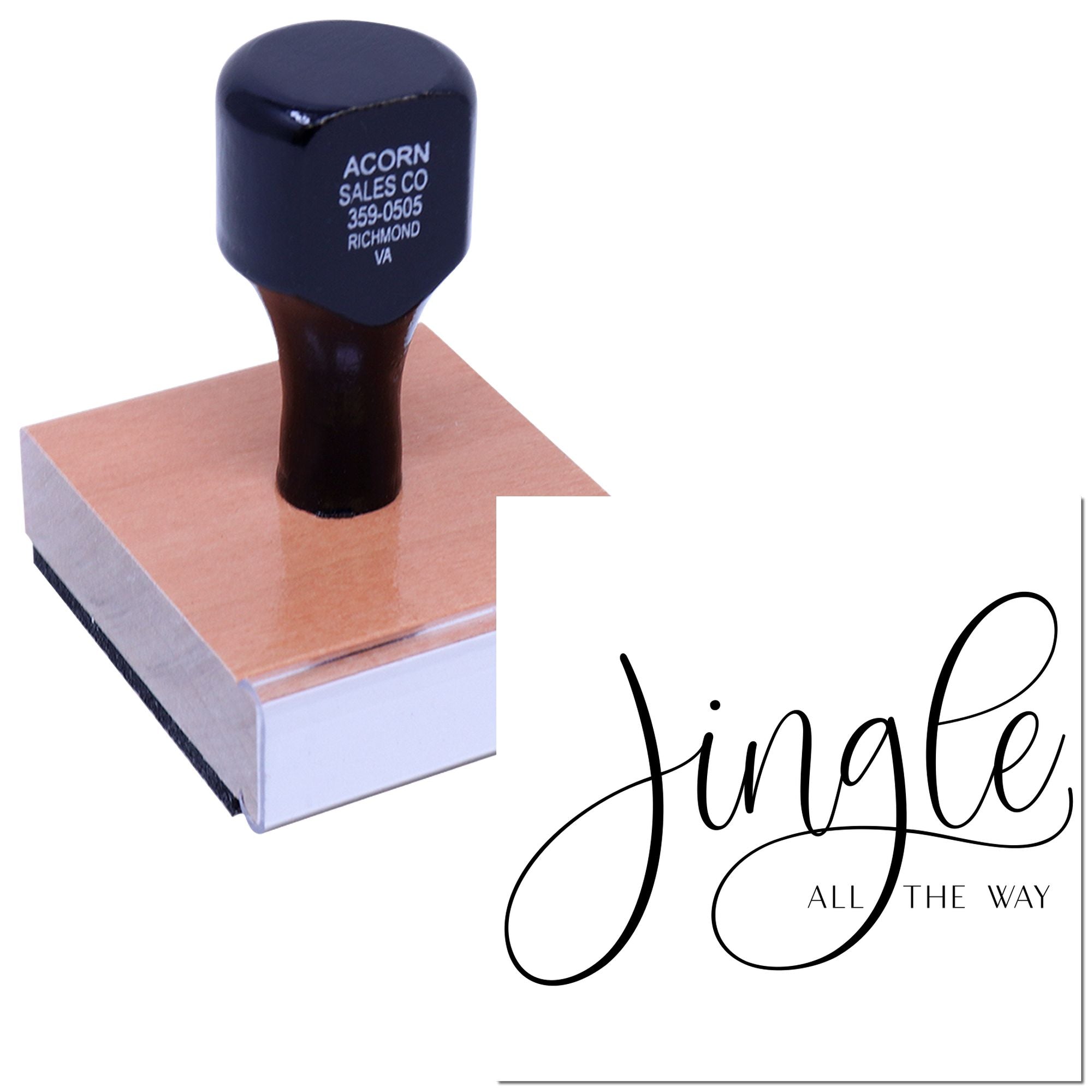 Custom rubber stamp with Jingle All the Way design for holiday cards, crafts, and festive packaging.
