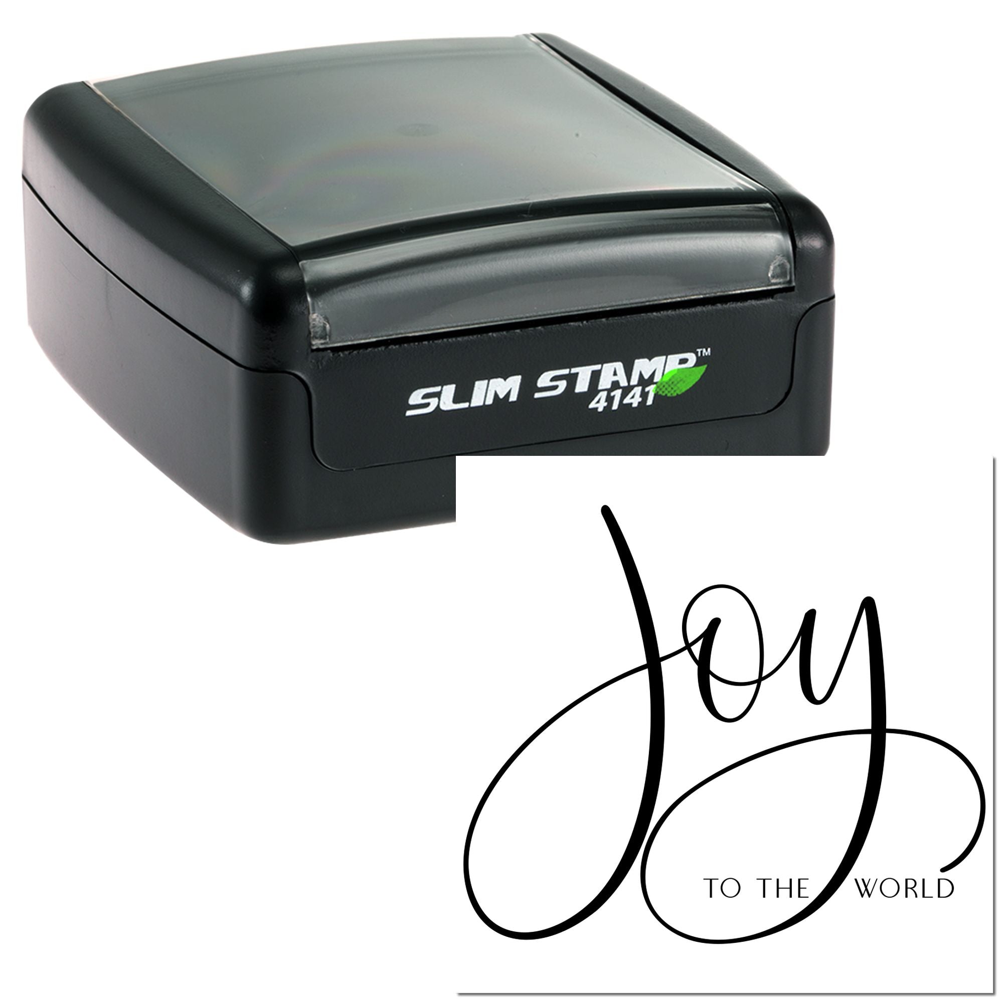 Slim Stamp 4141 self-inking rubber stamp with Joy to the World custom holiday script design.