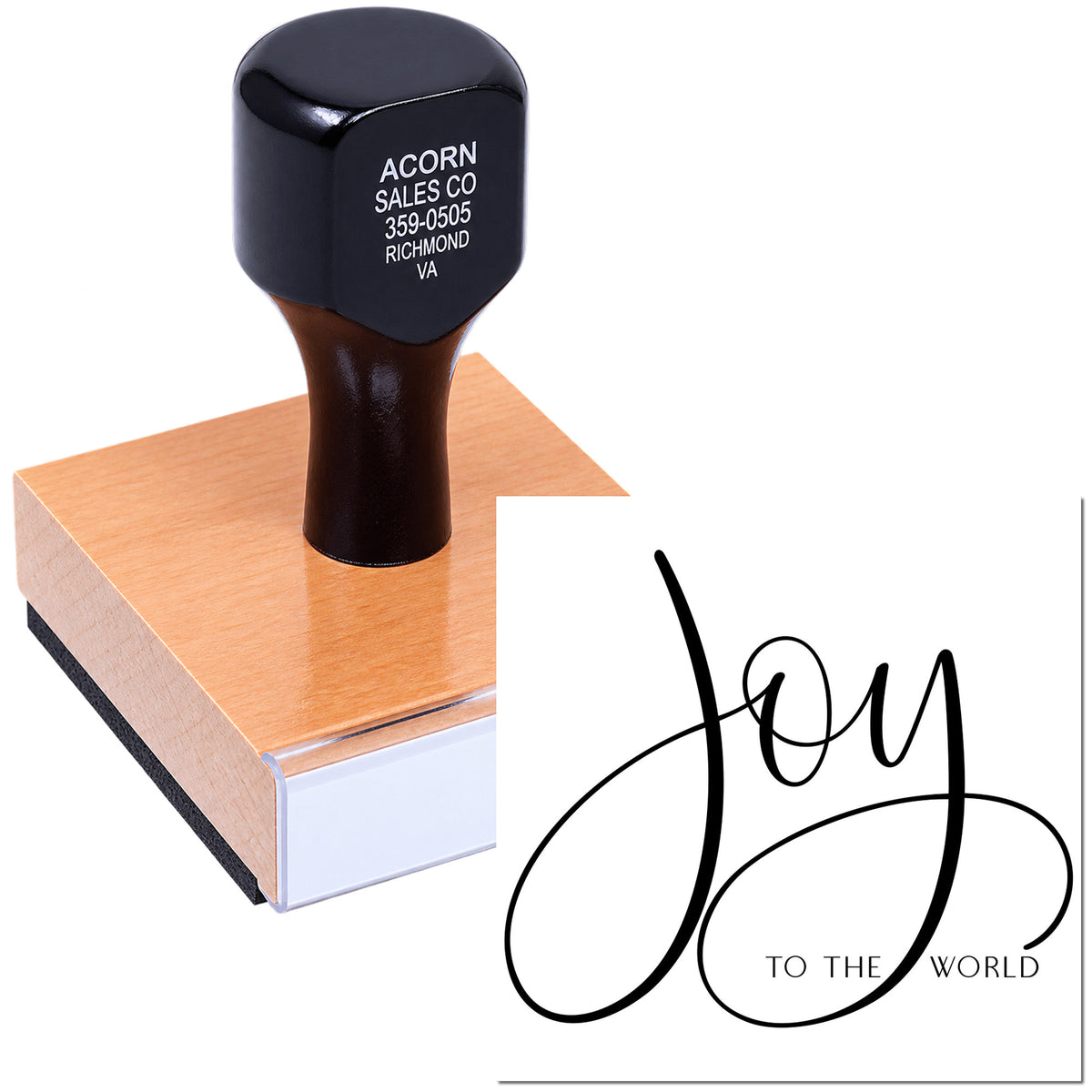 Custom rubber stamp with Joy to the World design, shown on a wood-mounted stamp with sample imprint.